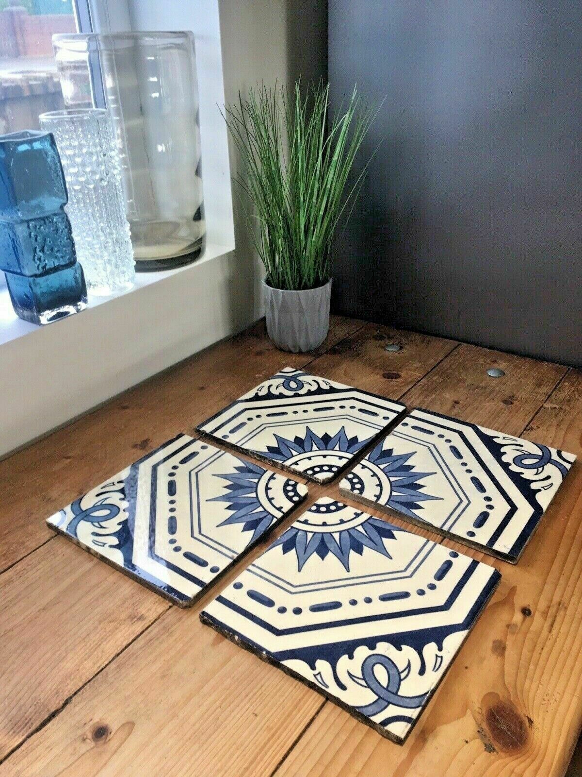 Set Of 4 Antique Minton Hollins & Co Reclaimed Sun Sunburst Fireplace Wall Tiles photo for sale