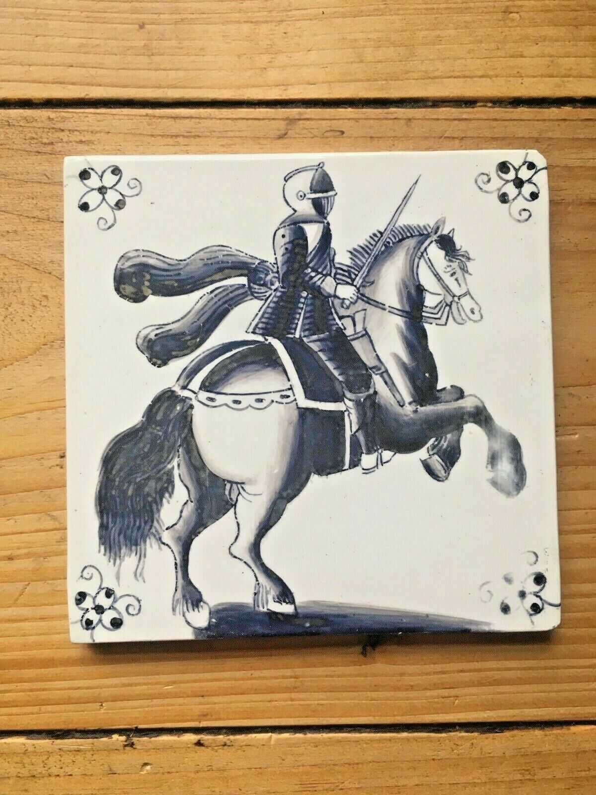 Antique 19th C Copeland Roman Soldier Knight On Horse Tile Spode Delft Interest photo vintage