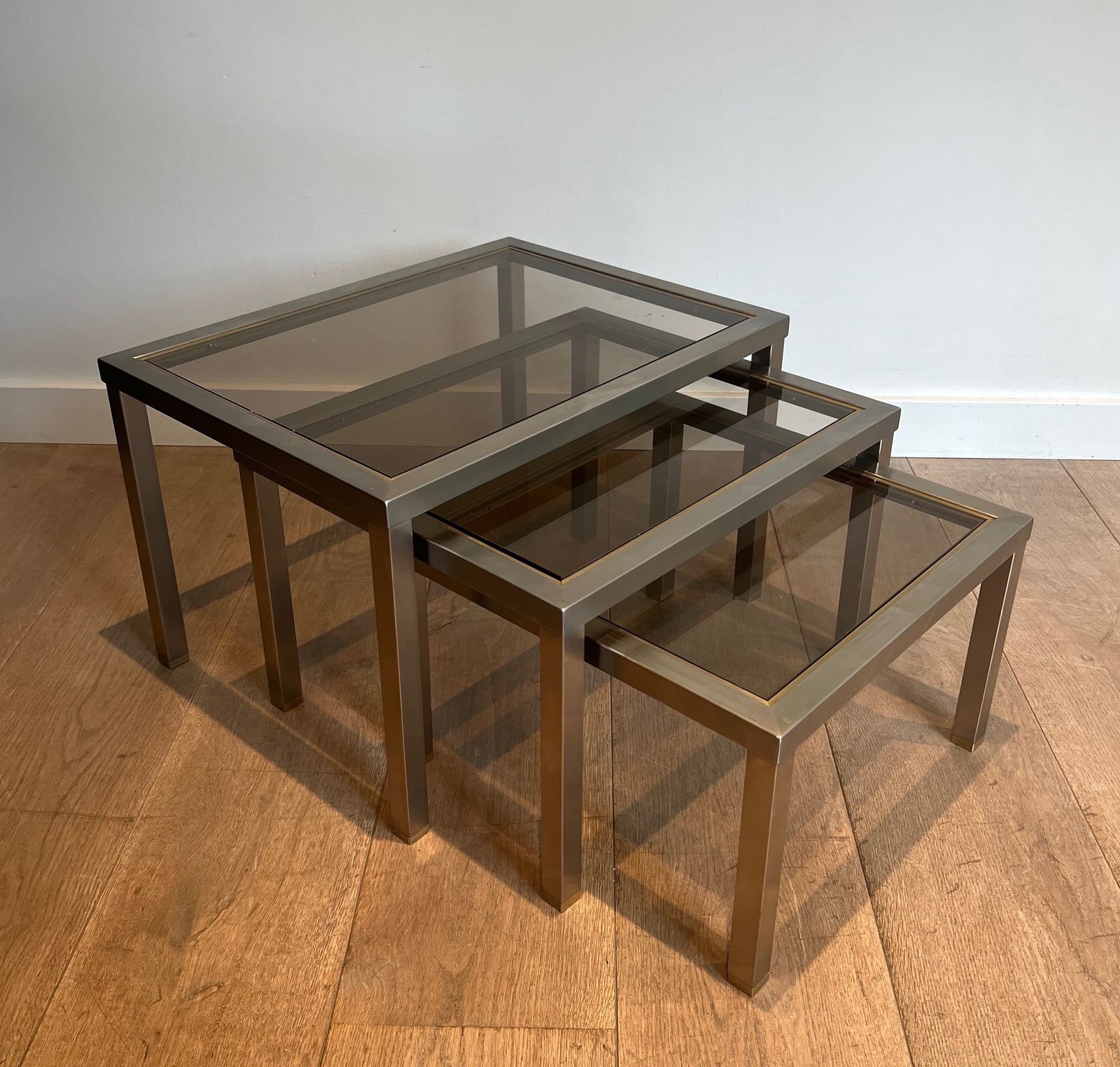Suite Of 3 Nesting Tables In Brushed Steel And Brass Attributed To Guy Lefèvre photo furniture