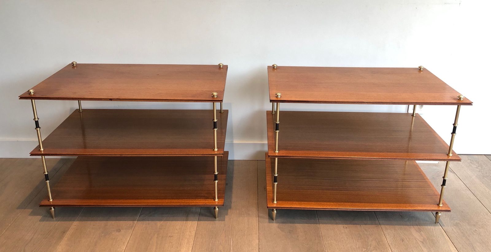 Pair Of Small Consoles Or Sofa Ends With Three Levels In Mahogany And Brass From Maison Jansen