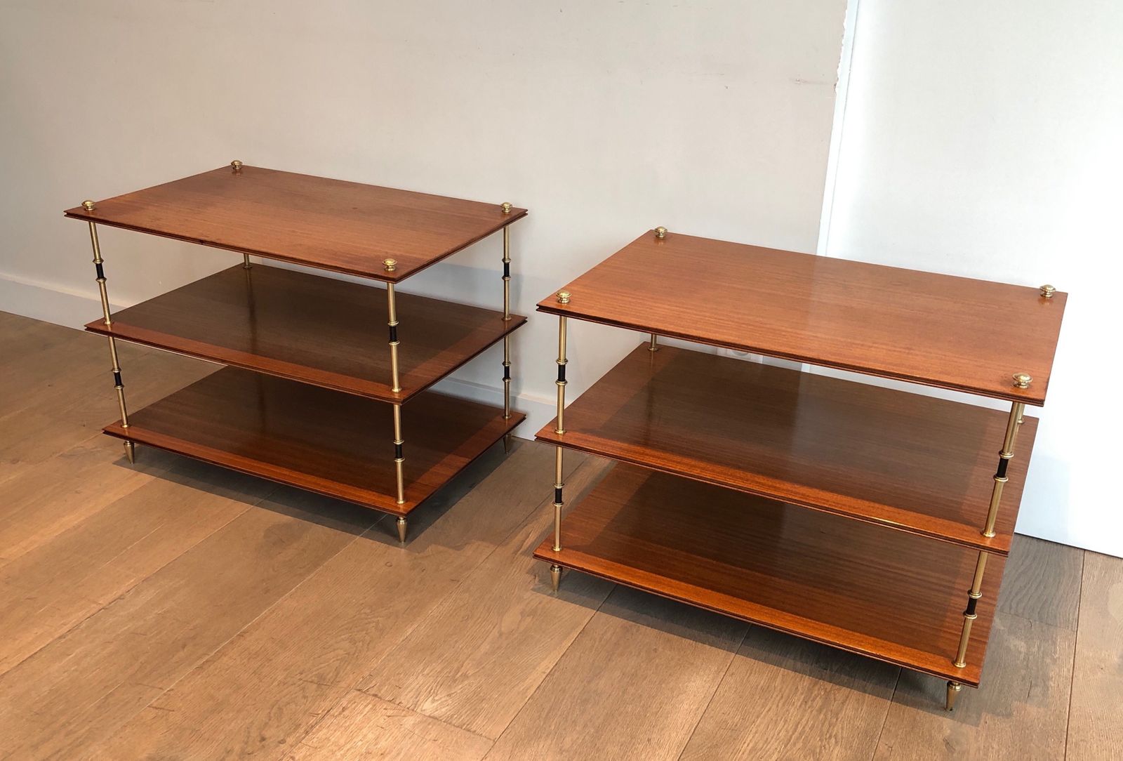 photo for sale Pair Of Small Consoles Or Sofa Ends With Three Levels In Mahogany And Brass From Maison Jansen