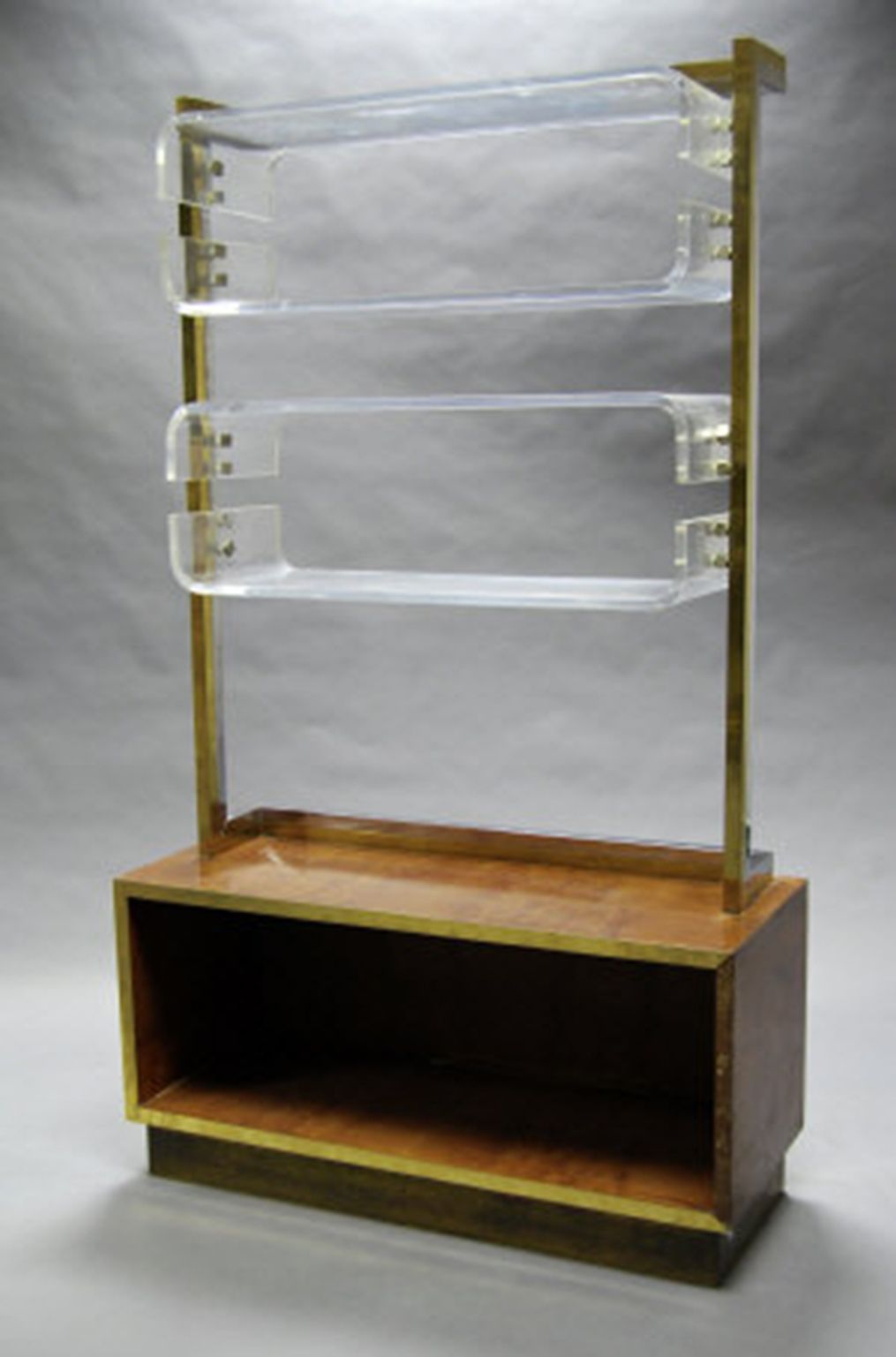 photo furniture Romeo Rega Brass Chrome Lucite Burl Walnut 70s Lacquer Display Cabinet