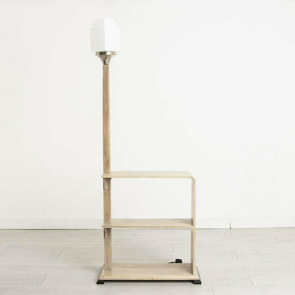 British Art Deco Limed Oak Lamp Table With Original Opal Glass Shade C.1930