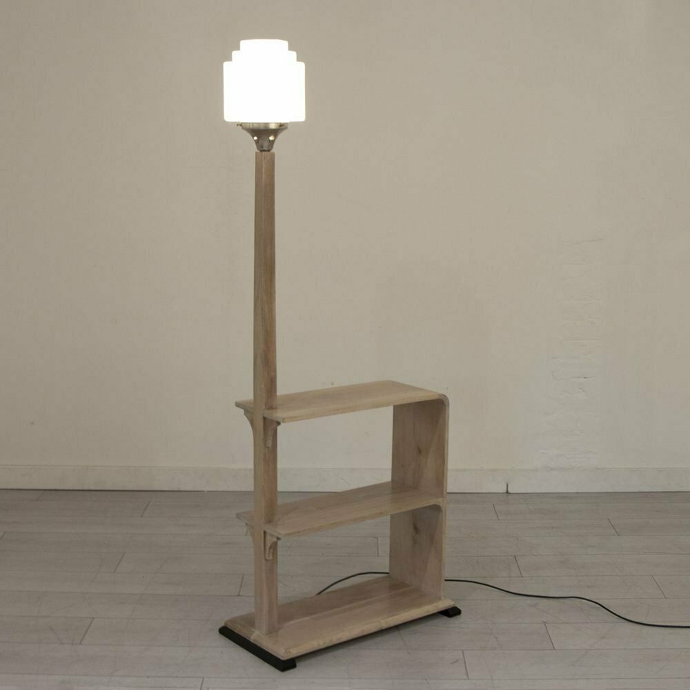 British Art Deco Limed Oak Lamp Table With Original Opal Glass Shade C.1930 photo furniture