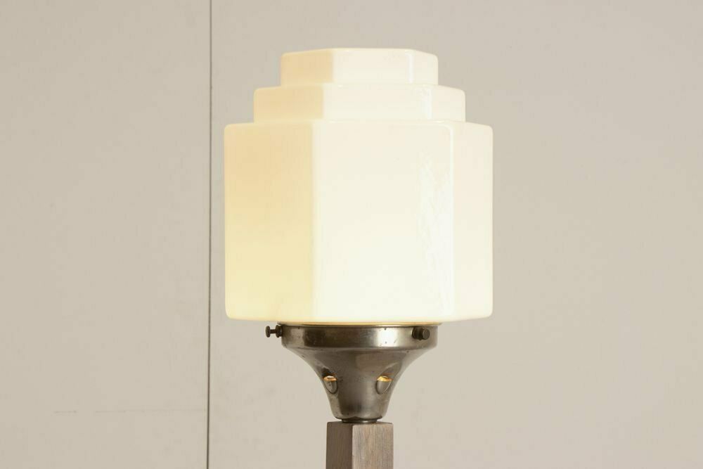 photo furniture British Art Deco Limed Oak Lamp Table With Original Opal Glass Shade C.1930