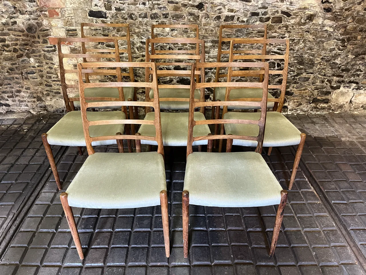 Set Of Eight (8) Danish Jl Møller High Ladder Back Dining Chairs, 1960s