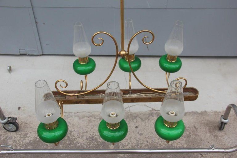 Mid Century Italian Chandelier Brass Green Glass 1950 Gold Crystal photo furniture