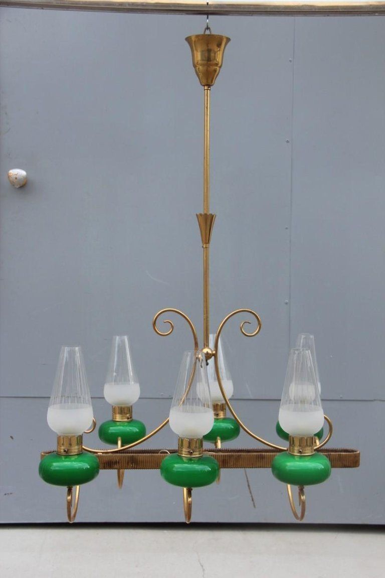 Mid Century Italian Chandelier Brass Green Glass 1950 Gold Crystal photo 2280.0