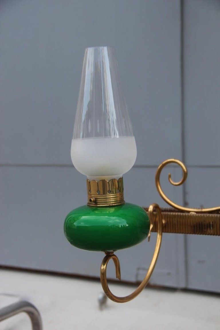 Mid Century Italian Chandelier Brass Green Glass 1950 Gold Crystal photo vintage