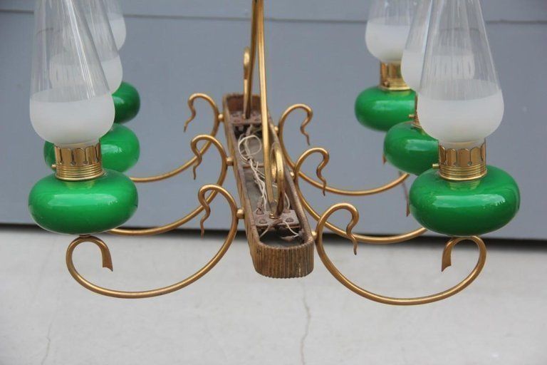 photo furniture Mid Century Italian Chandelier Brass Green Glass 1950 Gold Crystal