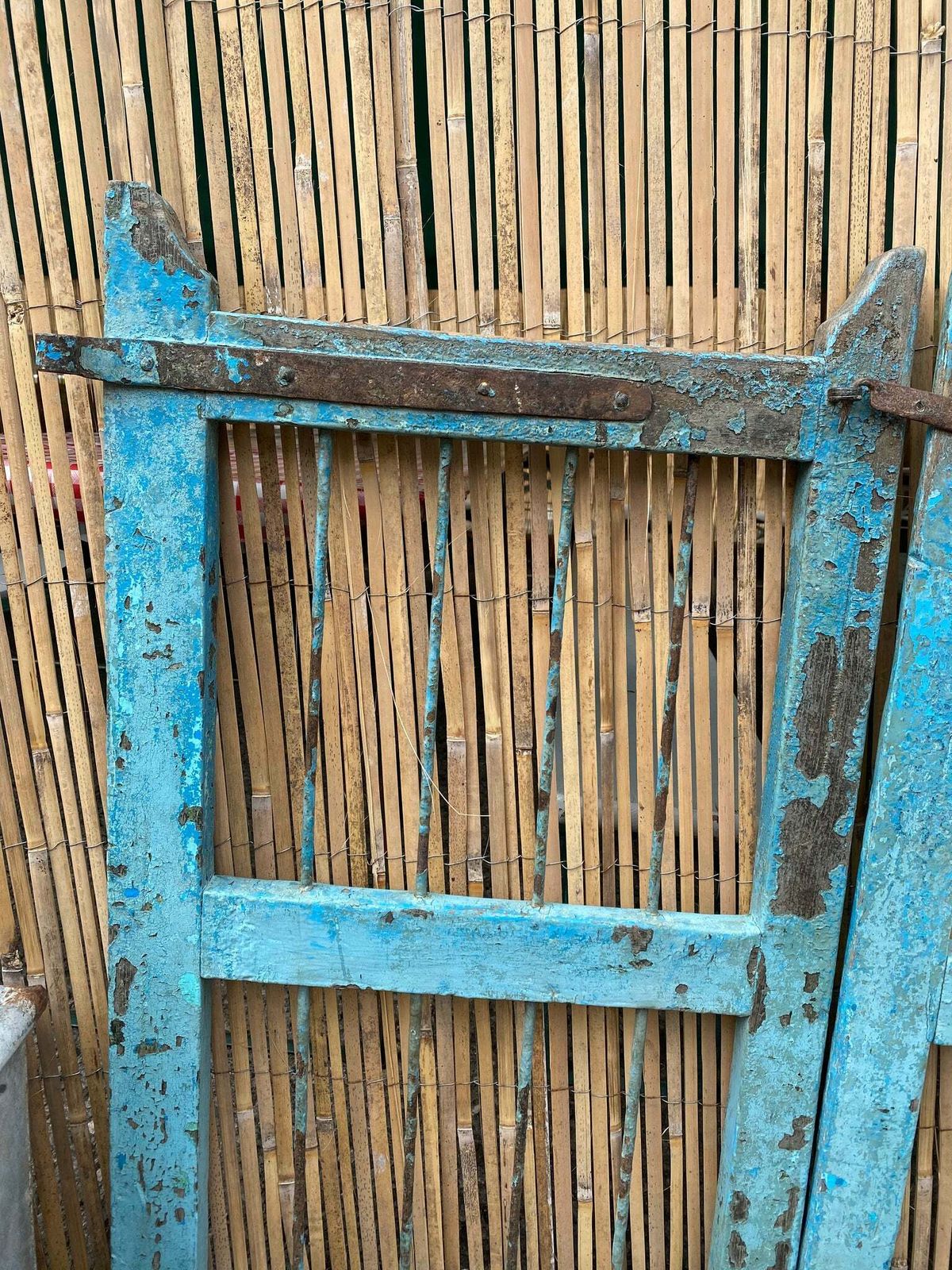 Pair Of Vintage Garden Gates — Distressed Turquoise Paint With Original Hook & Hinges, Mid 20th Century Salvage photo furniture