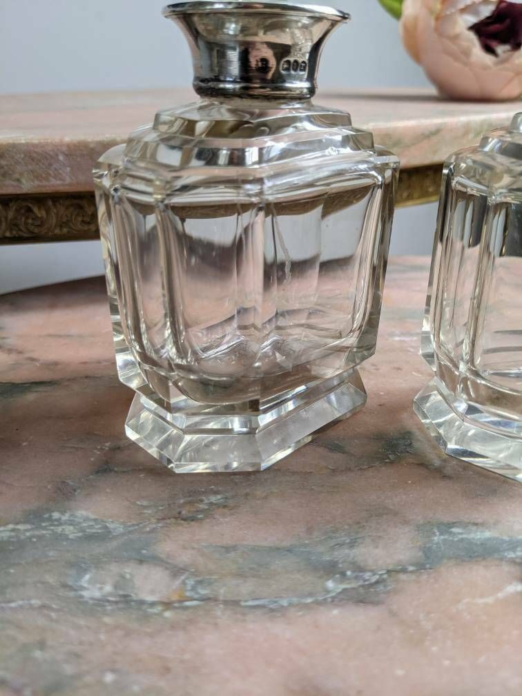 A Pair Of Exquisite Art Deco Antique Cut Glass Scent Bottles With Solid Silver Mounts, Hallmarked London 1932/33 photo buy