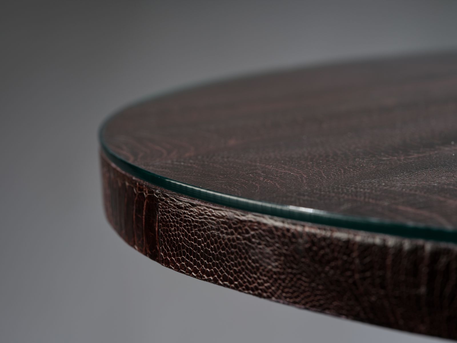 Unique And Rare Aubergine Hand Dyed Boa Constrictor Snakeskin Table Resting On Black Hand Laced Leather Legs, South Africa Circa 1980's. photo vinterior