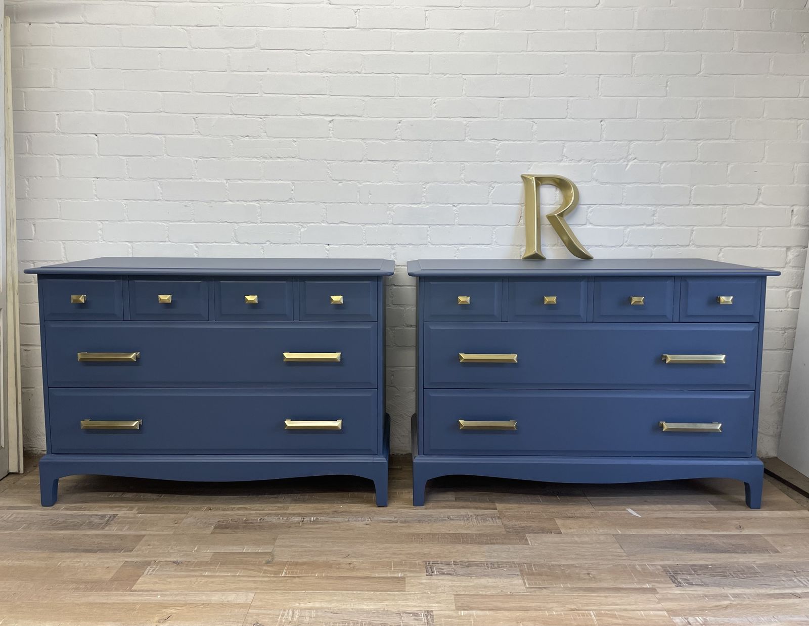 Stag Minstrel Pair Of 4 Over 2 Chest Of Drawers Painted Blue, Premium Brass Handles