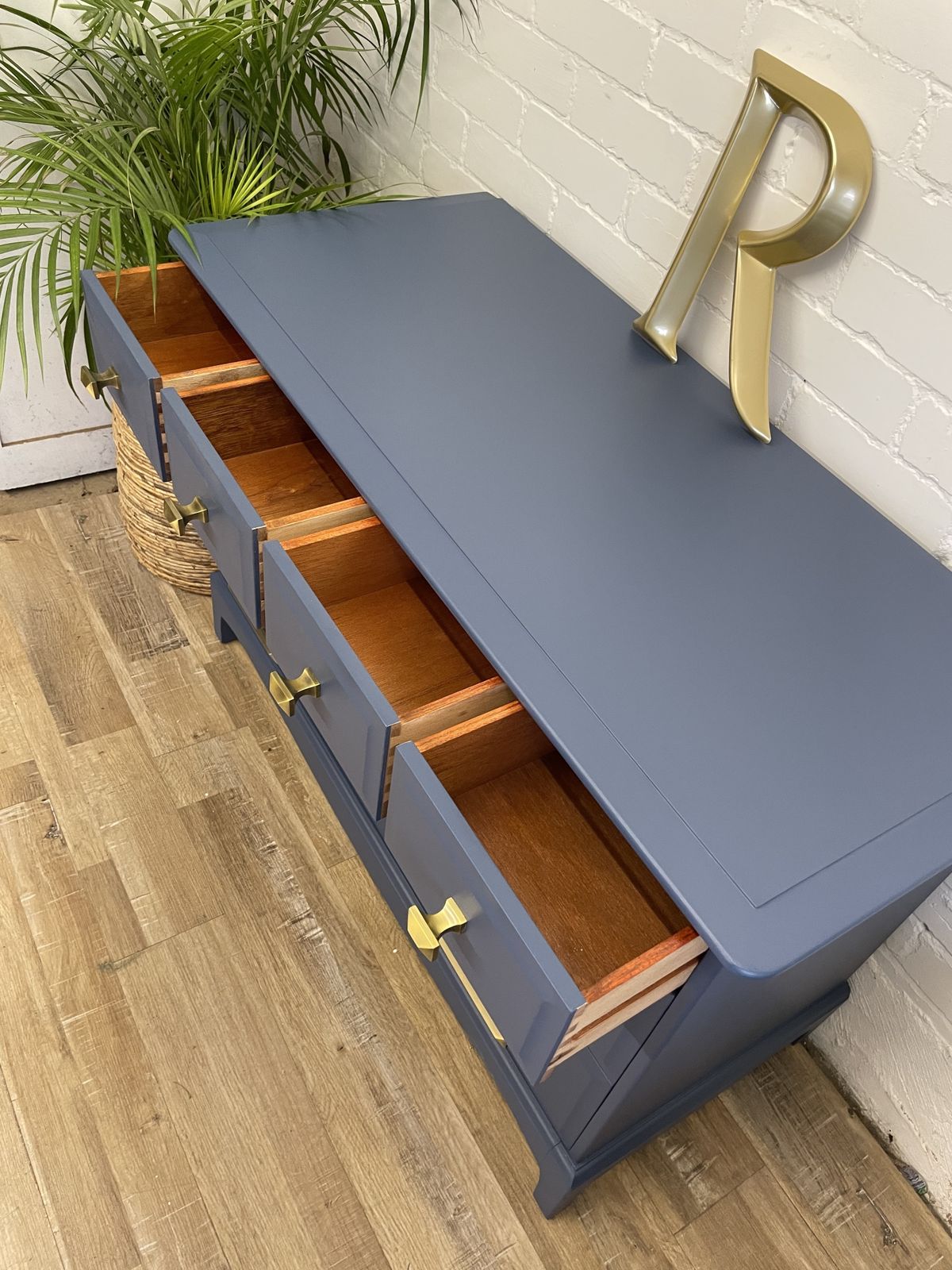 Stag Minstrel Pair Of 4 Over 2 Chest Of Drawers Painted Blue, Premium Brass Handles photo vintage