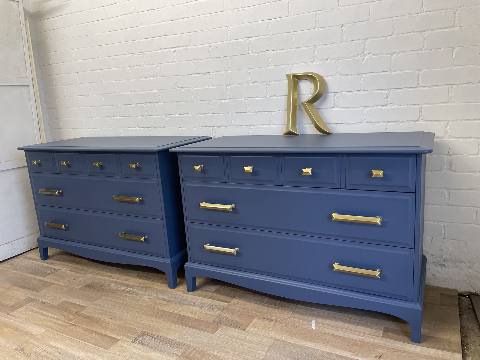 photo furniture Stag Minstrel Pair Of 4 Over 2 Chest Of Drawers Painted Blue, Premium Brass Handles