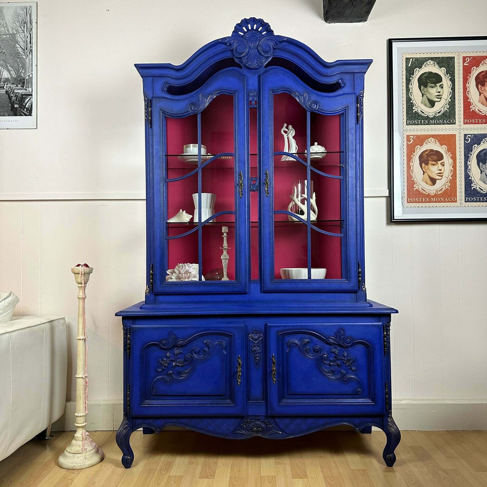 French Antique Display Cabinet Higly Decorated With Carvings Bright & Bold Statement Piece photo for sale