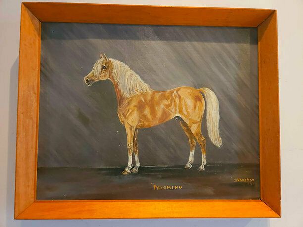 Large Mid Century Oil On Canvas Of Palomino Stallion Dated 1970 photo furniture