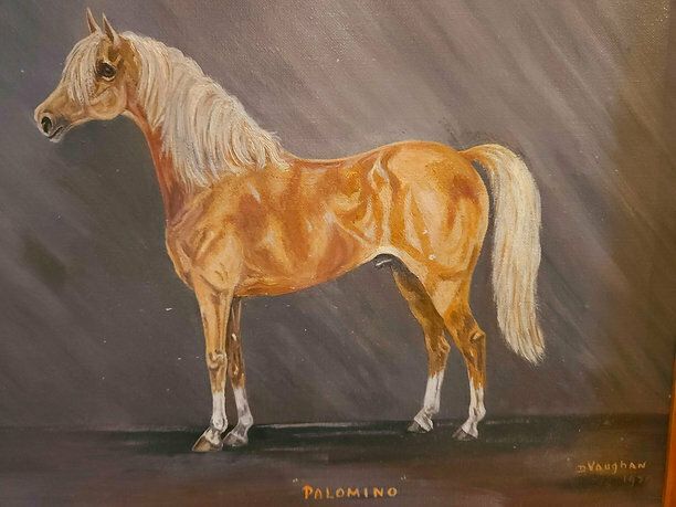 Large Mid Century Oil On Canvas Of Palomino Stallion Dated 1970 photo vinterior