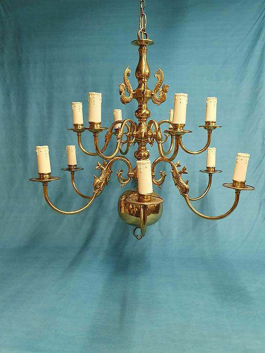 Mid 20th Century Pair Of Dutch Style Brass Chandeliers. Price For Two Chandelier photo 1245.0