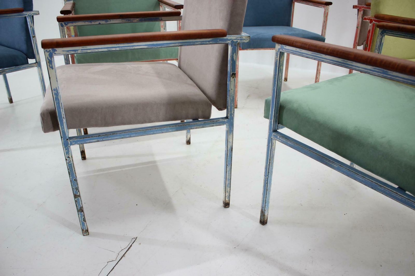1960s Set Of Eight Iron And Wood Armchairs/Dining Chairs, Czechoslovakia photo vinterior