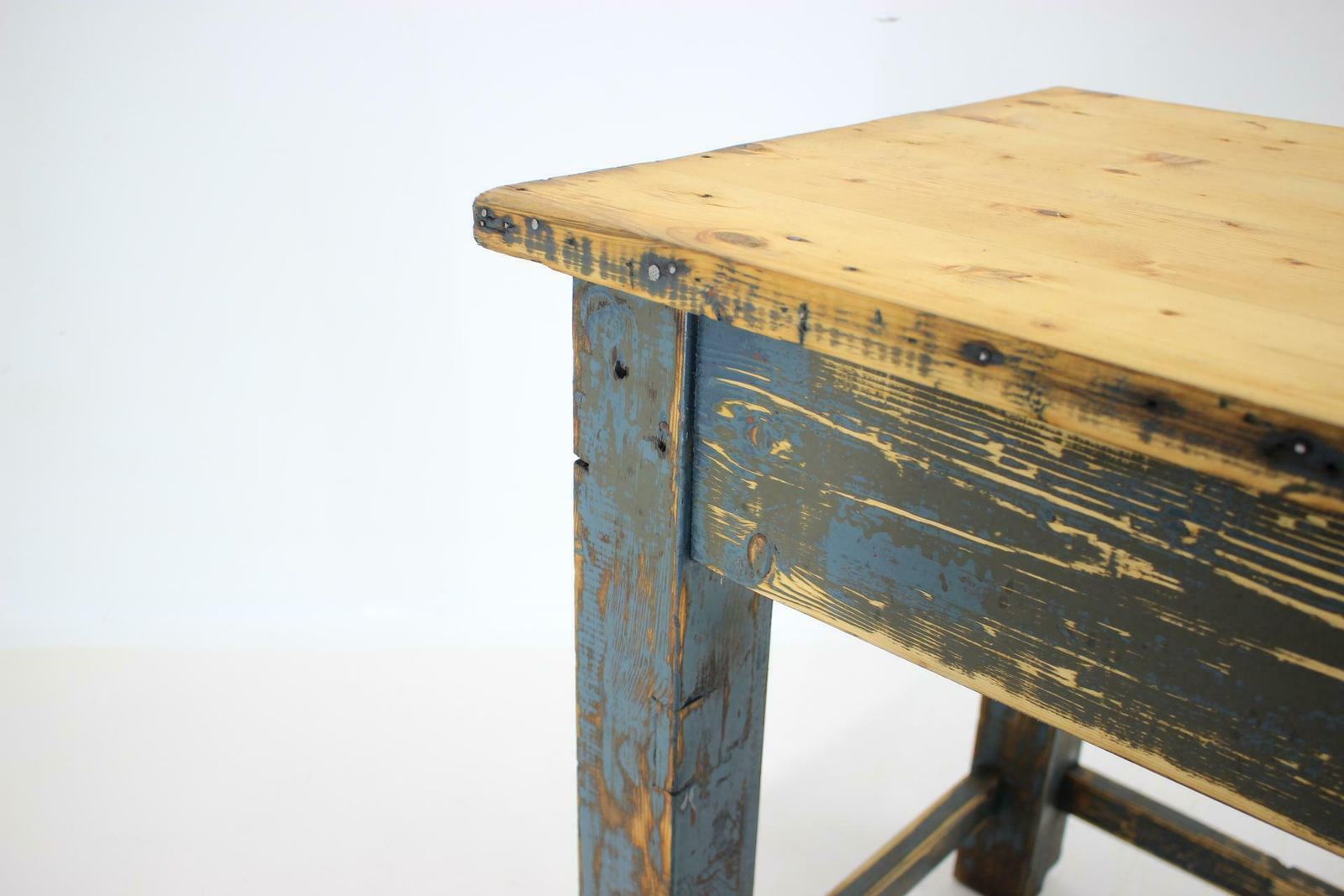 Furniture 1950s Patinated Pine Tree Wooden Table, Czechoslovakia photo