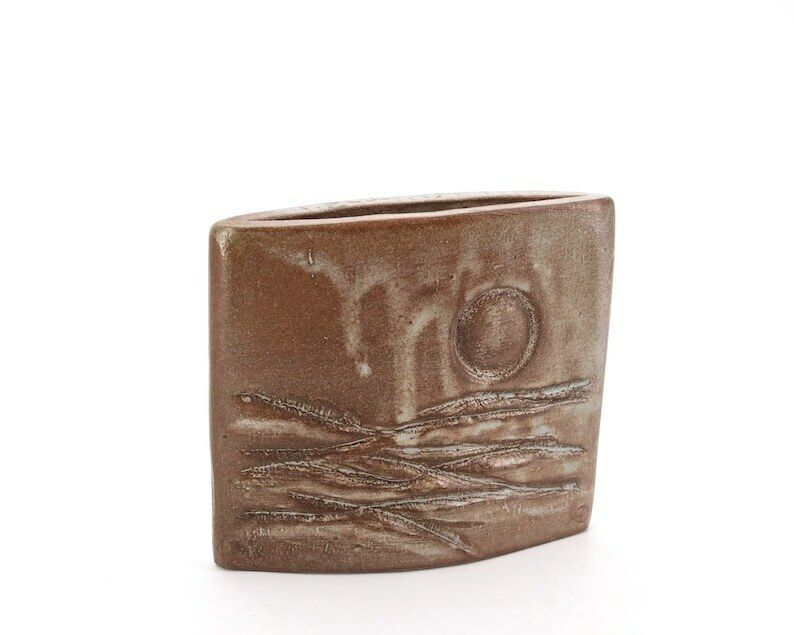 Franse Keramische Vaas, Landschapsdecor, Jaren 1970 / Studio Aardewerk, Bruin, Beige