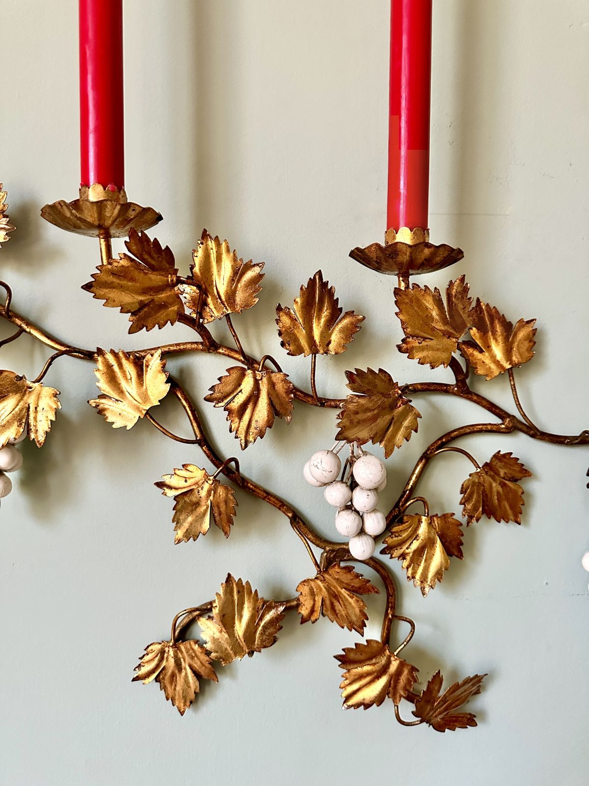 Large Pair Of 1940s Italian Grape Tole Candle Sconces photo for sale