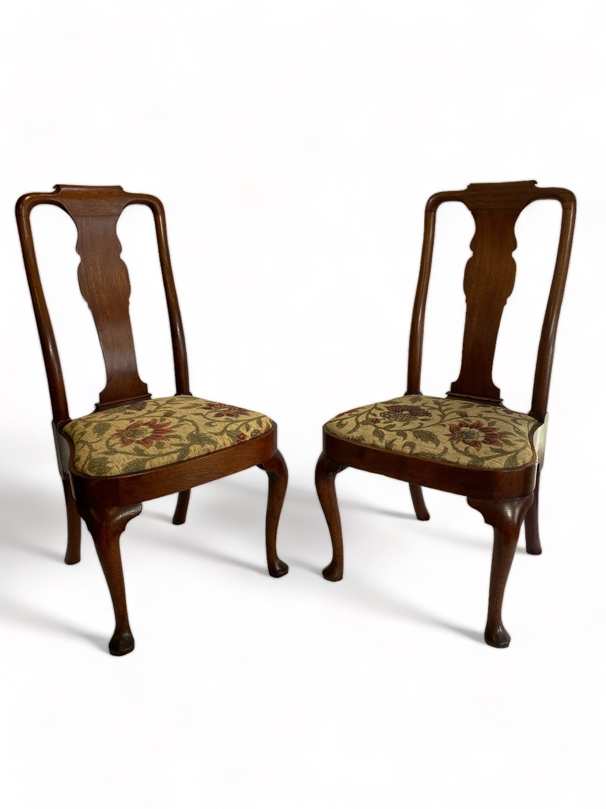Pair Of Splat Back Queen Anne Walnut Chairs With Floral Upholstered Seats