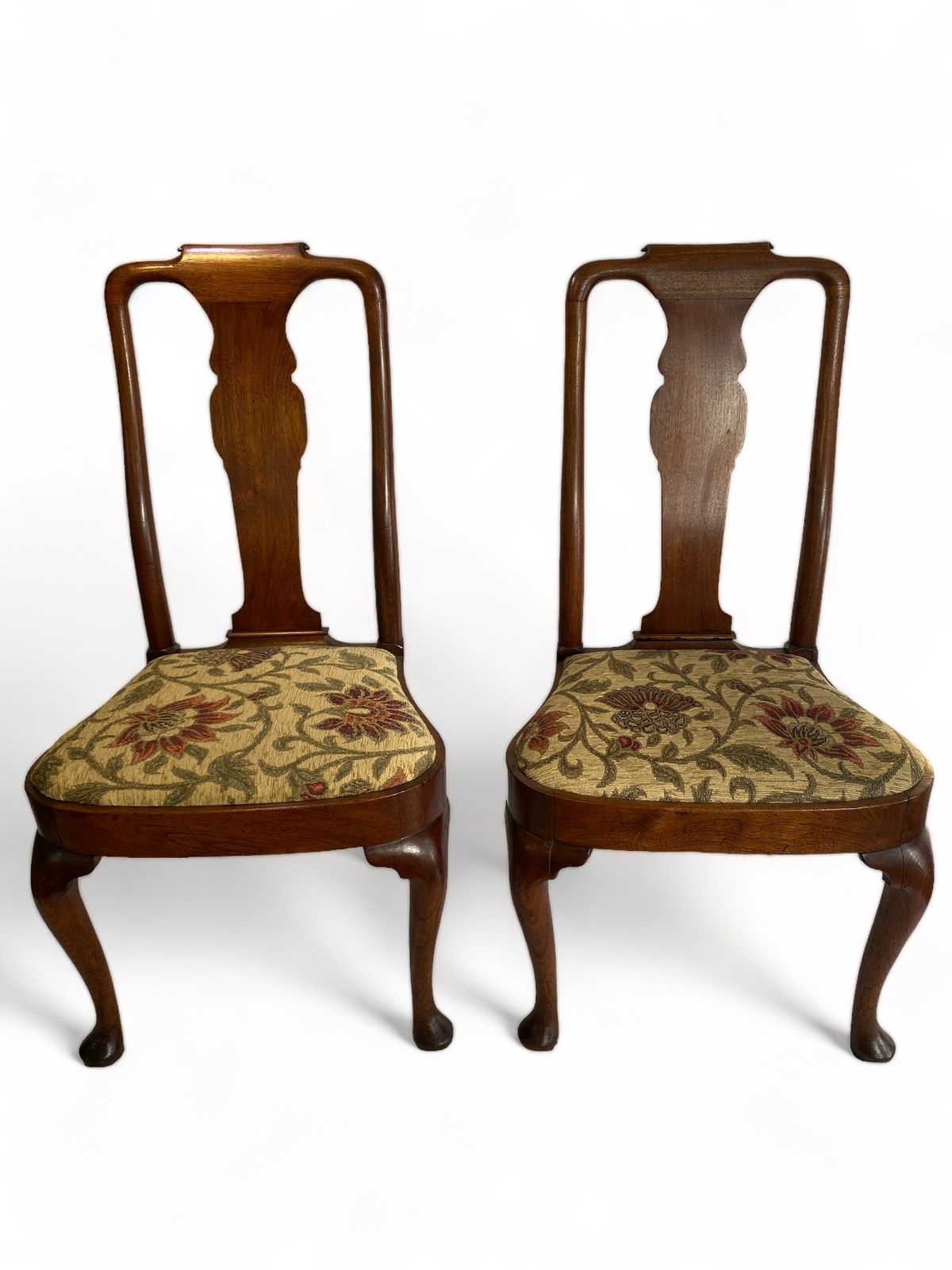 Pair Of Splat Back Queen Anne Walnut Chairs With Floral Upholstered Seats photo 835.0