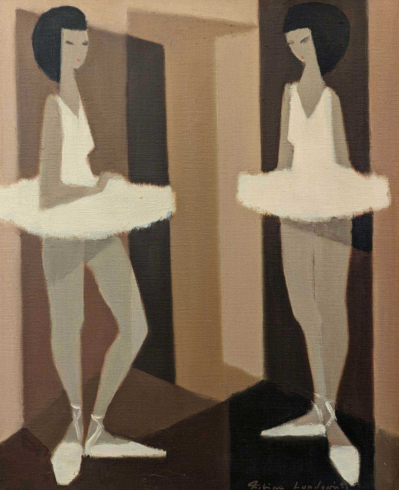 Art Mid Century Swedish Framed Figurative Oil Painting, Modernist Ballerinas photo