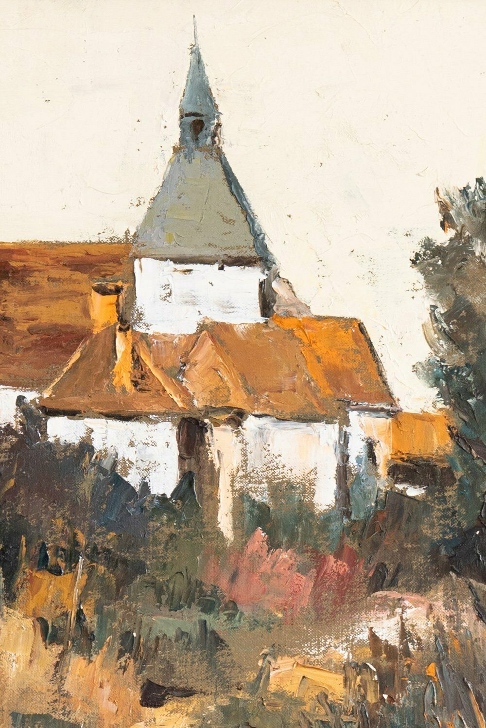 French School, Autumnal Landscape With Church, Oil Painting On Canvas, Midcentury photo Art