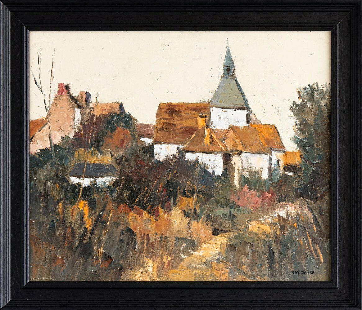 French School, Autumnal Landscape With Church, Oil Painting On Canvas, Midcentury photo vinterior