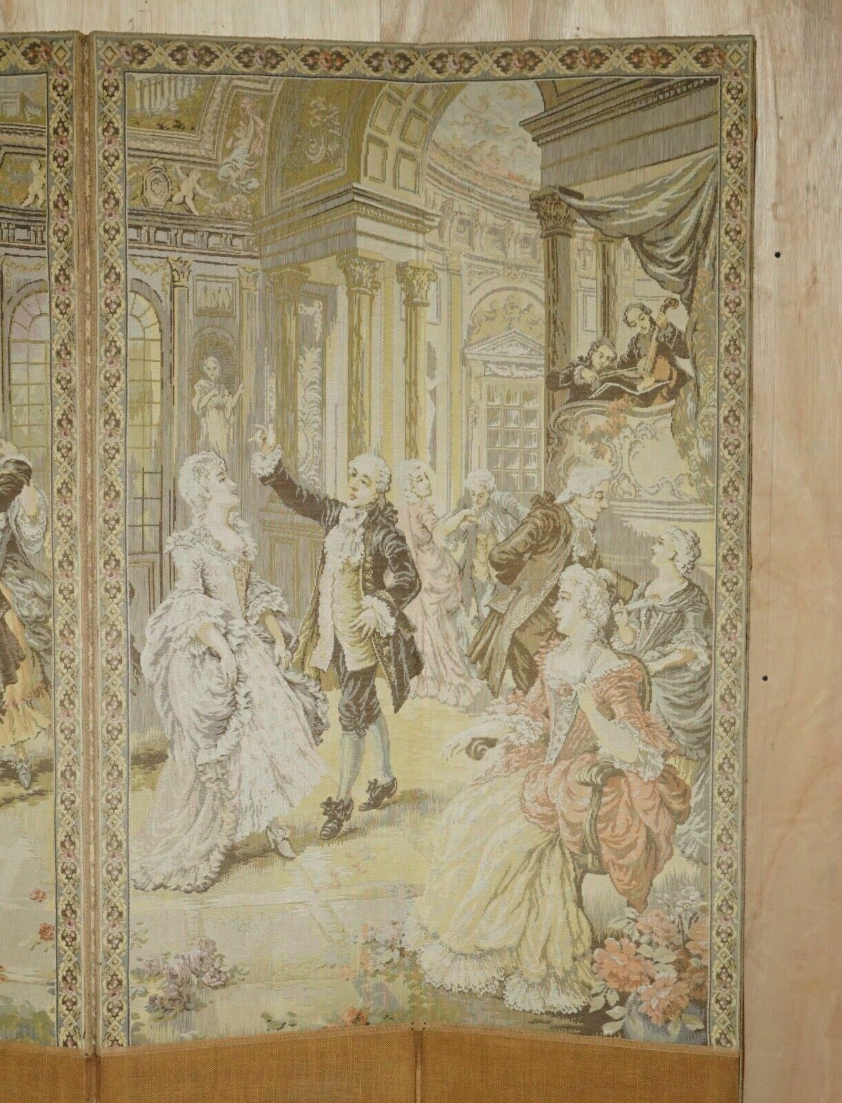 Original Antique Victorian Tapestry Four Panel Folding Screen Of Nobles Dancing photo vintage