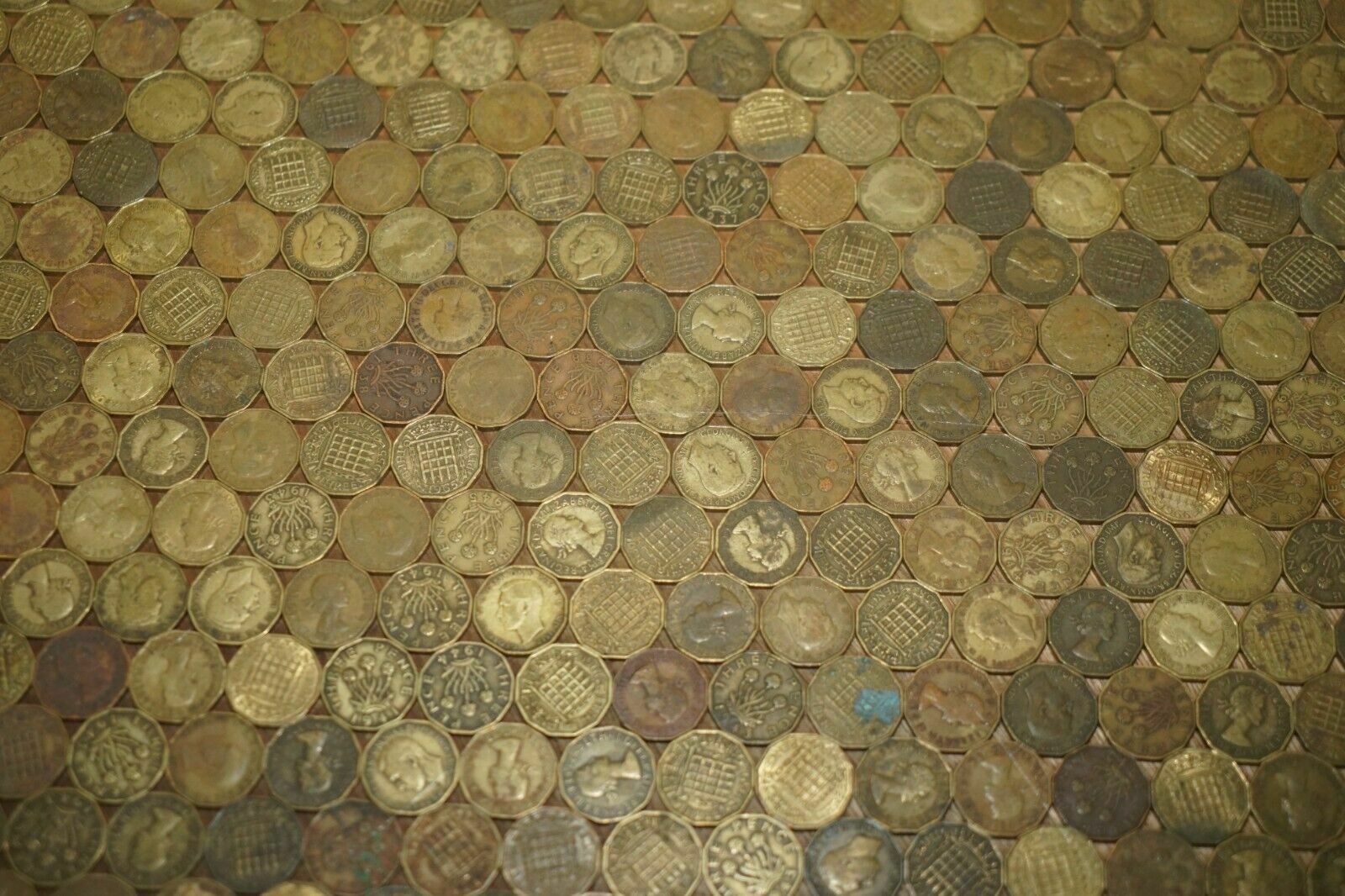 photo for sale Antique Circa 1920 Coffee Table Covers In English Three Pence Coins From 1940's