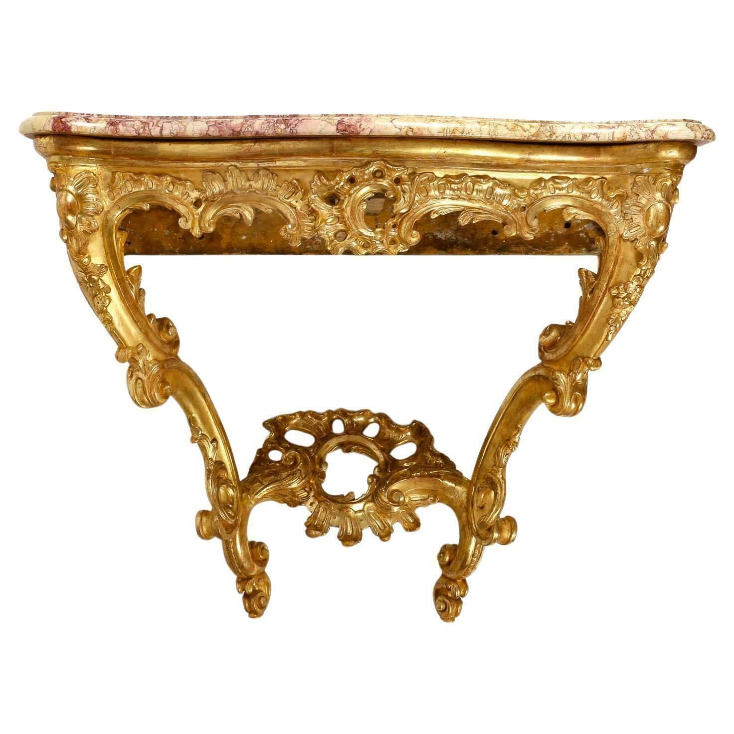 Carved And Gilded Wood Console, Marble Top, 18th Century.