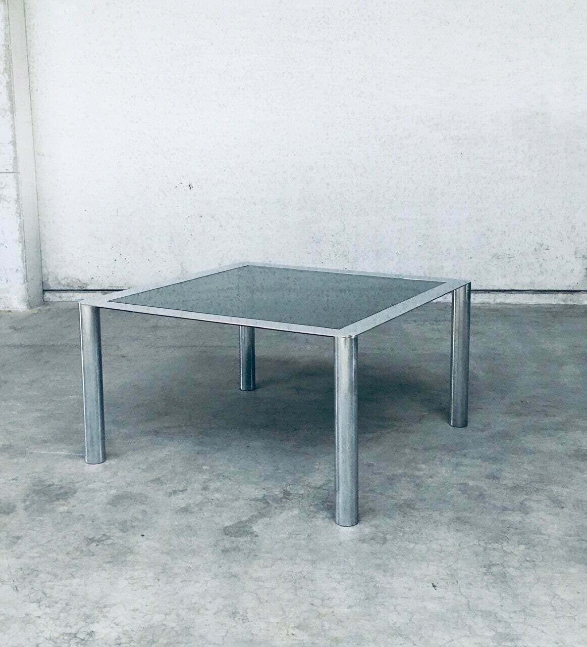 Midcentury Smoked Glass & Chromed Steel Square Dining Table By Sergio Mazza For Cinova, Italy 1970's photo vinterior