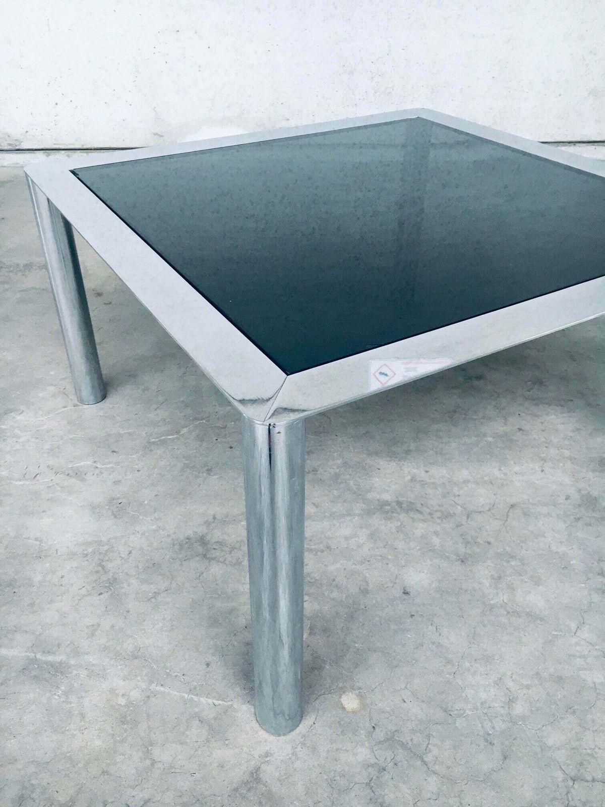 photo vinterior Midcentury Smoked Glass & Chromed Steel Square Dining Table By Sergio Mazza For Cinova, Italy 1970's