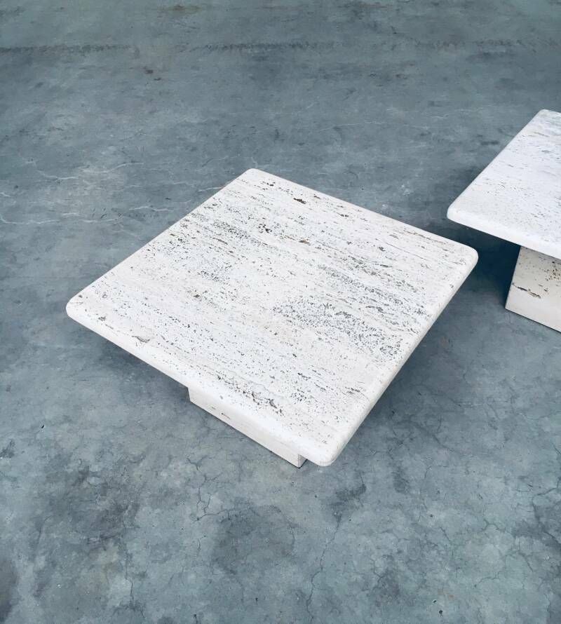 Italian Design Travertine Square Side End Table Set 1970's photo vinterior