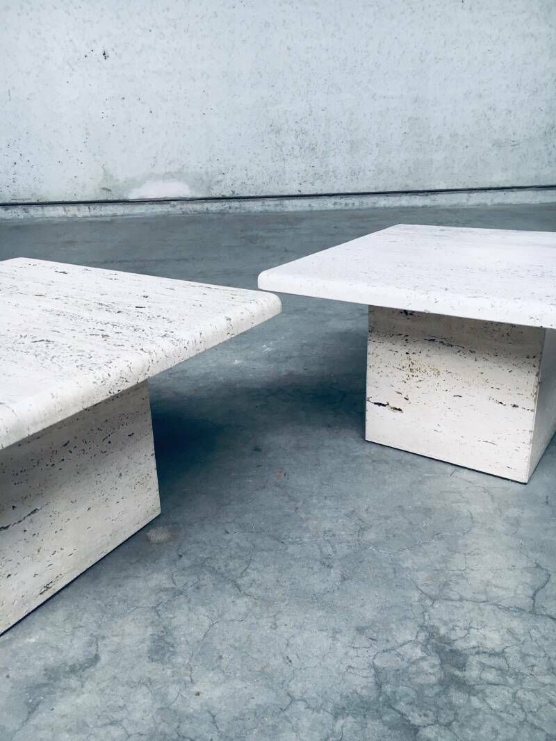 photo furniture Italian Design Travertine Square Side End Table Set 1970's