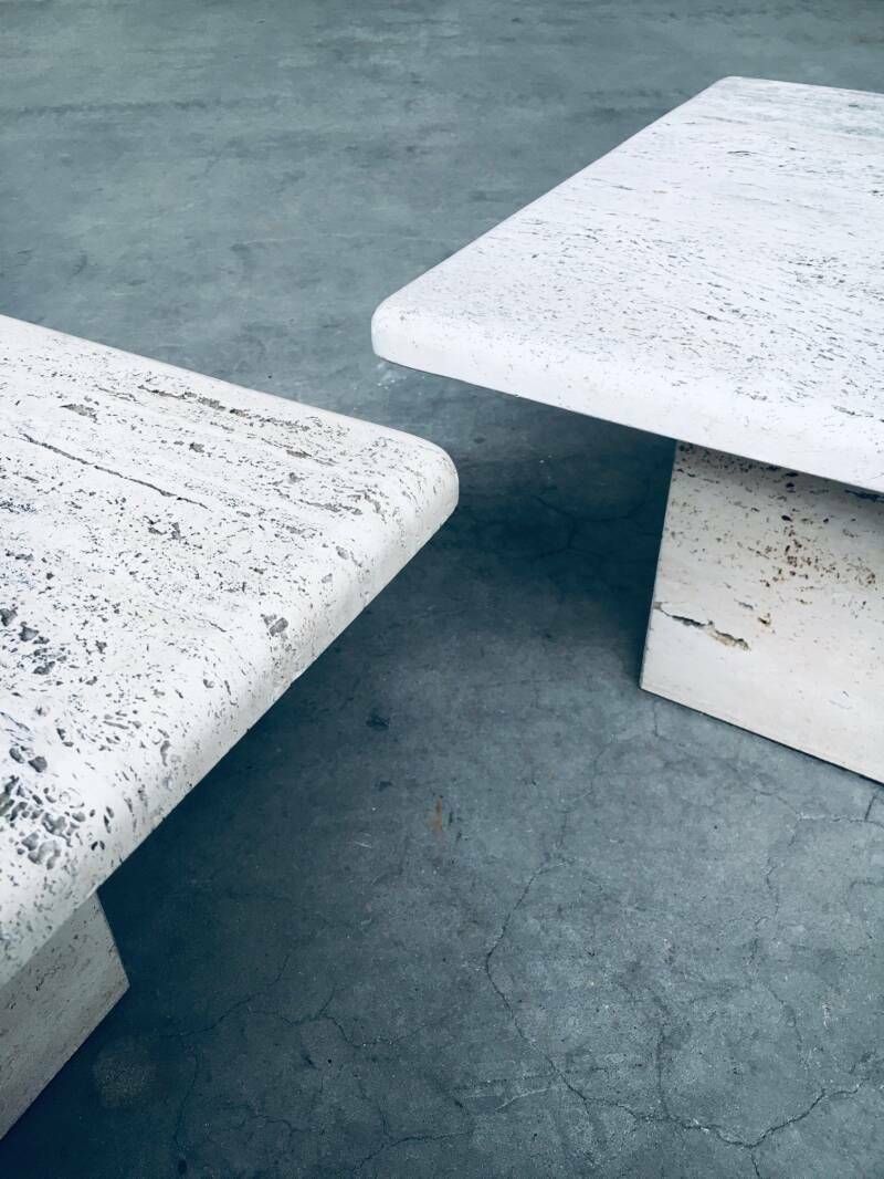 photo vinterior Italian Design Travertine Square Side End Table Set 1970's