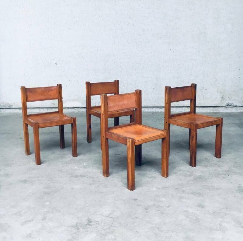 Set Eetkamerstoelen Van Iepenhout En Cognackleurig Leer, In De Stijl Van Pierre Chapo, Italië, Ca. Jaren 1960 photo for sale