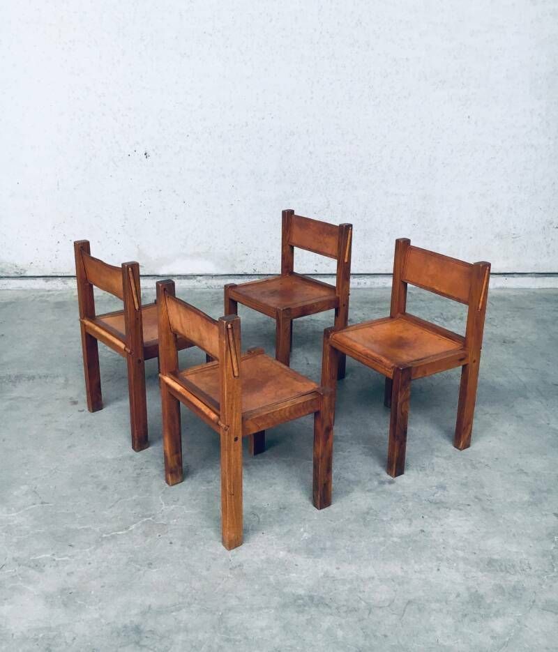 Elm & Cognac Leather Dining Room Chairs Set In The Manner Of Pierre Chapo, Italy 1960s photo 4800.0