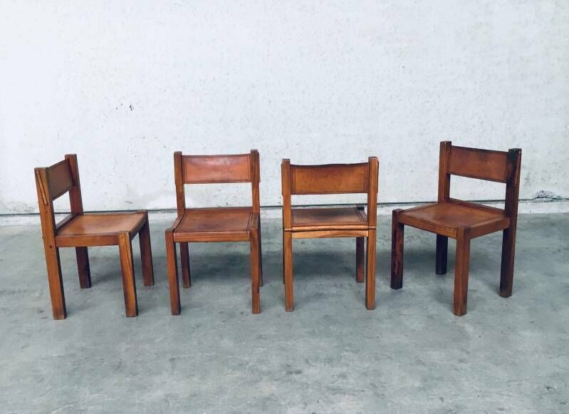 Elm & Cognac Leather Dining Room Chairs Set In The Manner Of Pierre Chapo, Italy 1960s photo vinterior