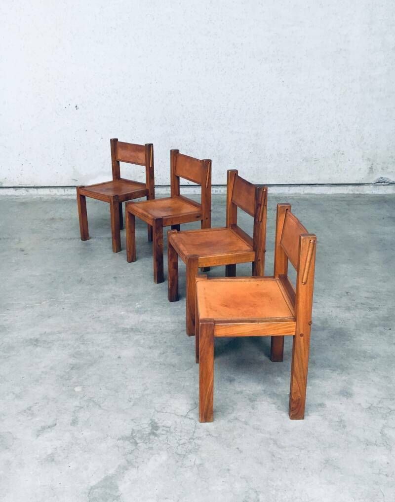 Furniture Elm & Cognac Leather Dining Room Chairs Set In The Manner Of Pierre Chapo, Italy 1960s photo