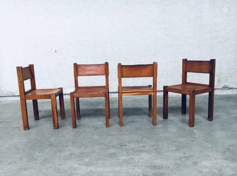 4800.0 Elm & Cognac Leather Dining Room Chairs Set In The Manner Of Pierre Chapo, Italy 1960s photo