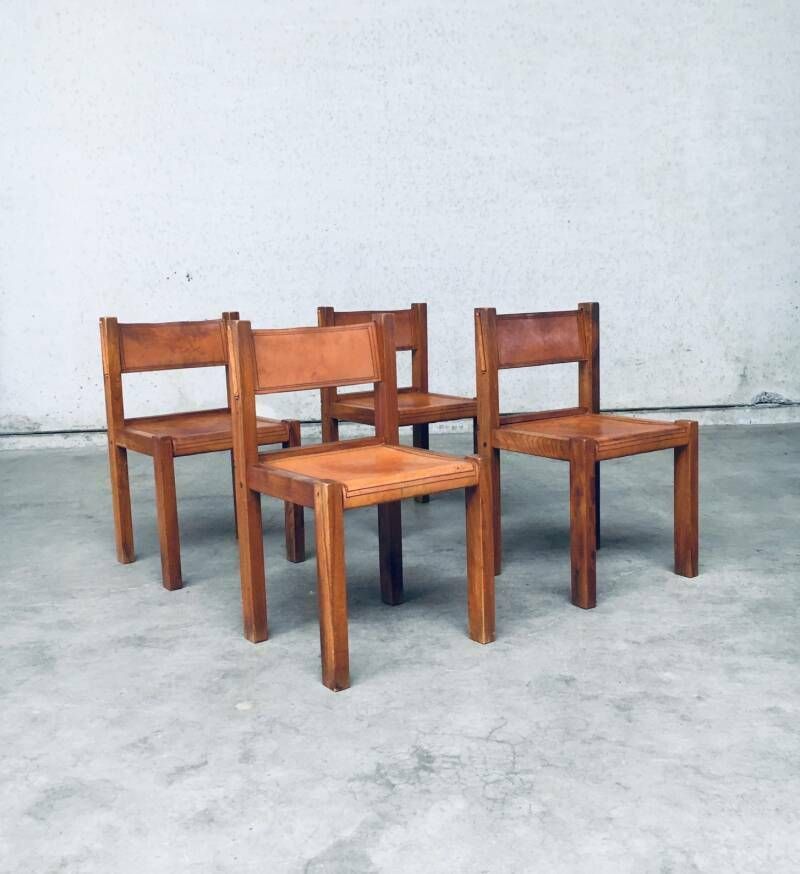 photo vinterior Elm & Cognac Leather Dining Room Chairs Set In The Manner Of Pierre Chapo, Italy 1960s