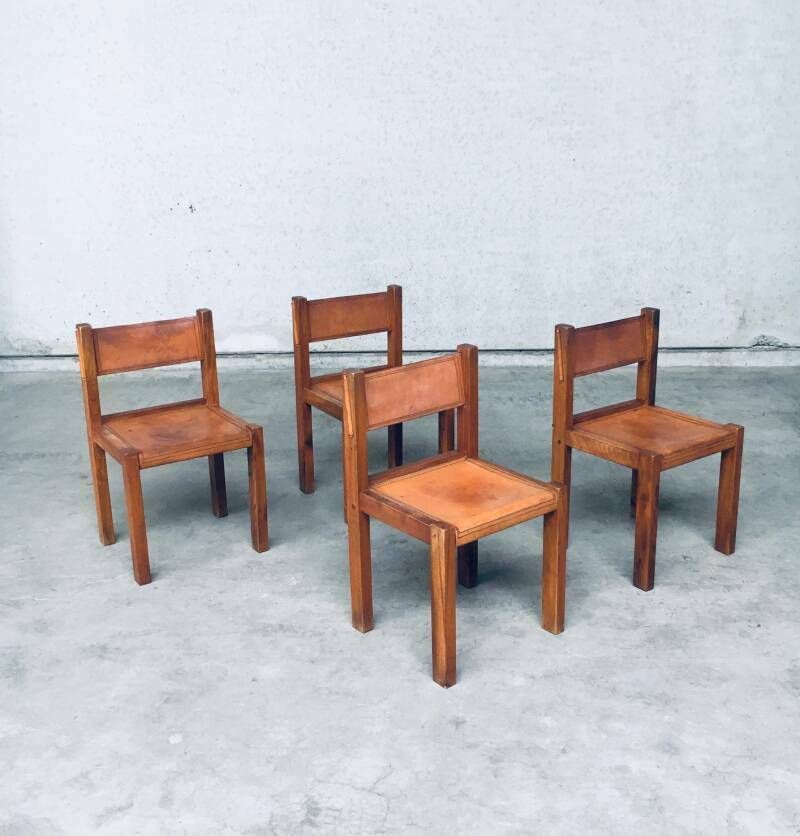 photo buy Set Eetkamerstoelen Van Iepenhout En Cognackleurig Leer, In De Stijl Van Pierre Chapo, Italië, Ca. Jaren 1960