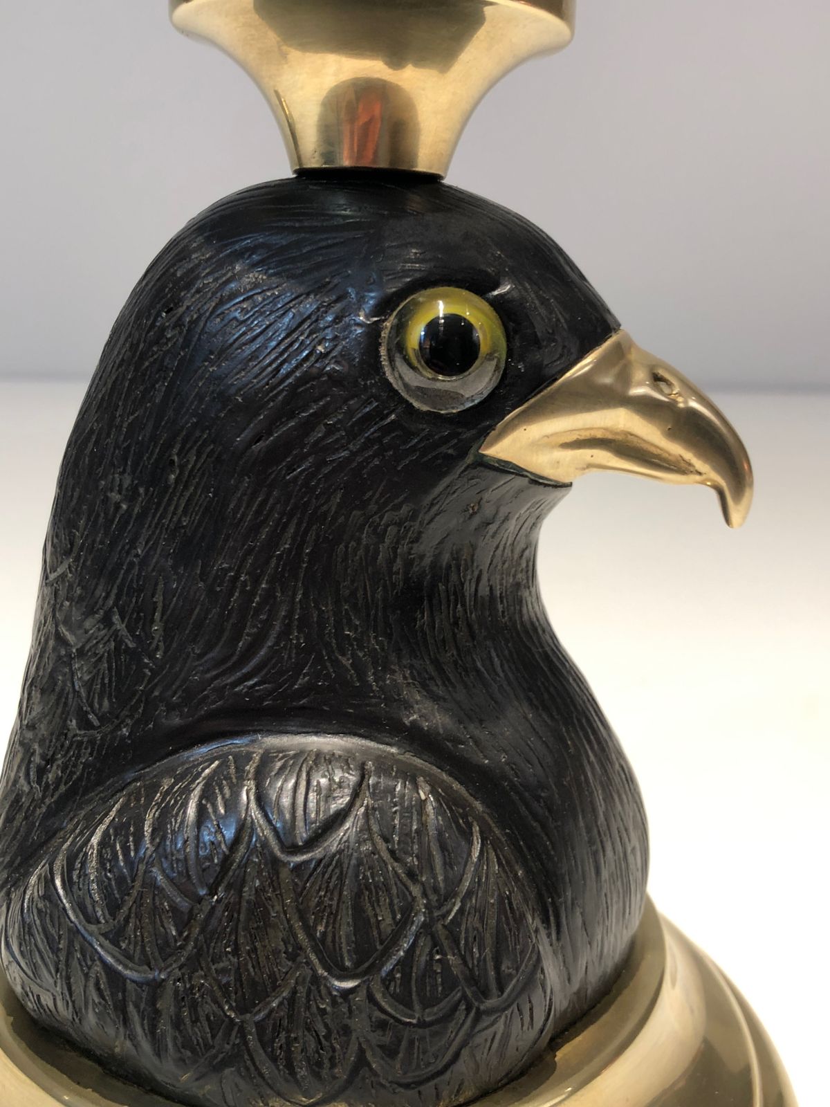 Pair Of Candlesticks Representing Eagles In Carved Wood, Brass Beaks And Glass Eyes Stamped Houy Pouiga photo vinterior