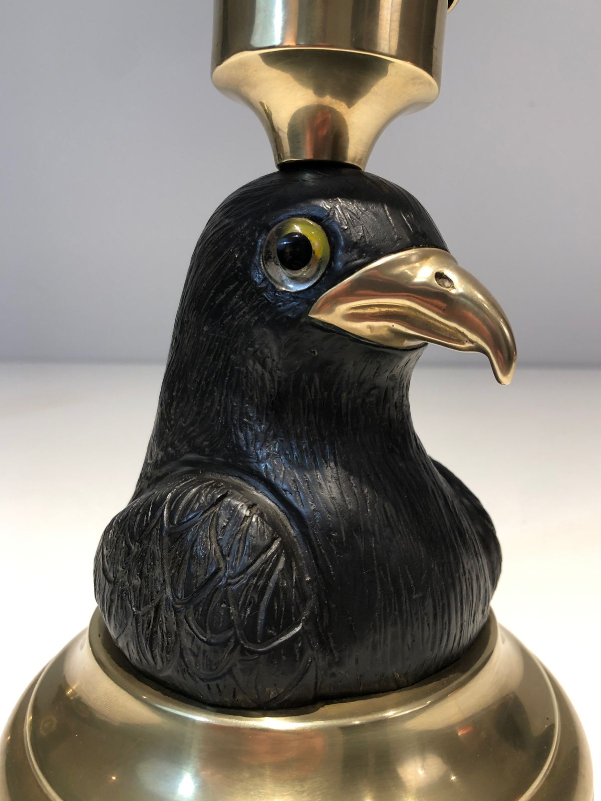 Pair Of Candlesticks Representing Eagles In Carved Wood, Brass Beaks And Glass Eyes Stamped Houy Pouiga photo buy